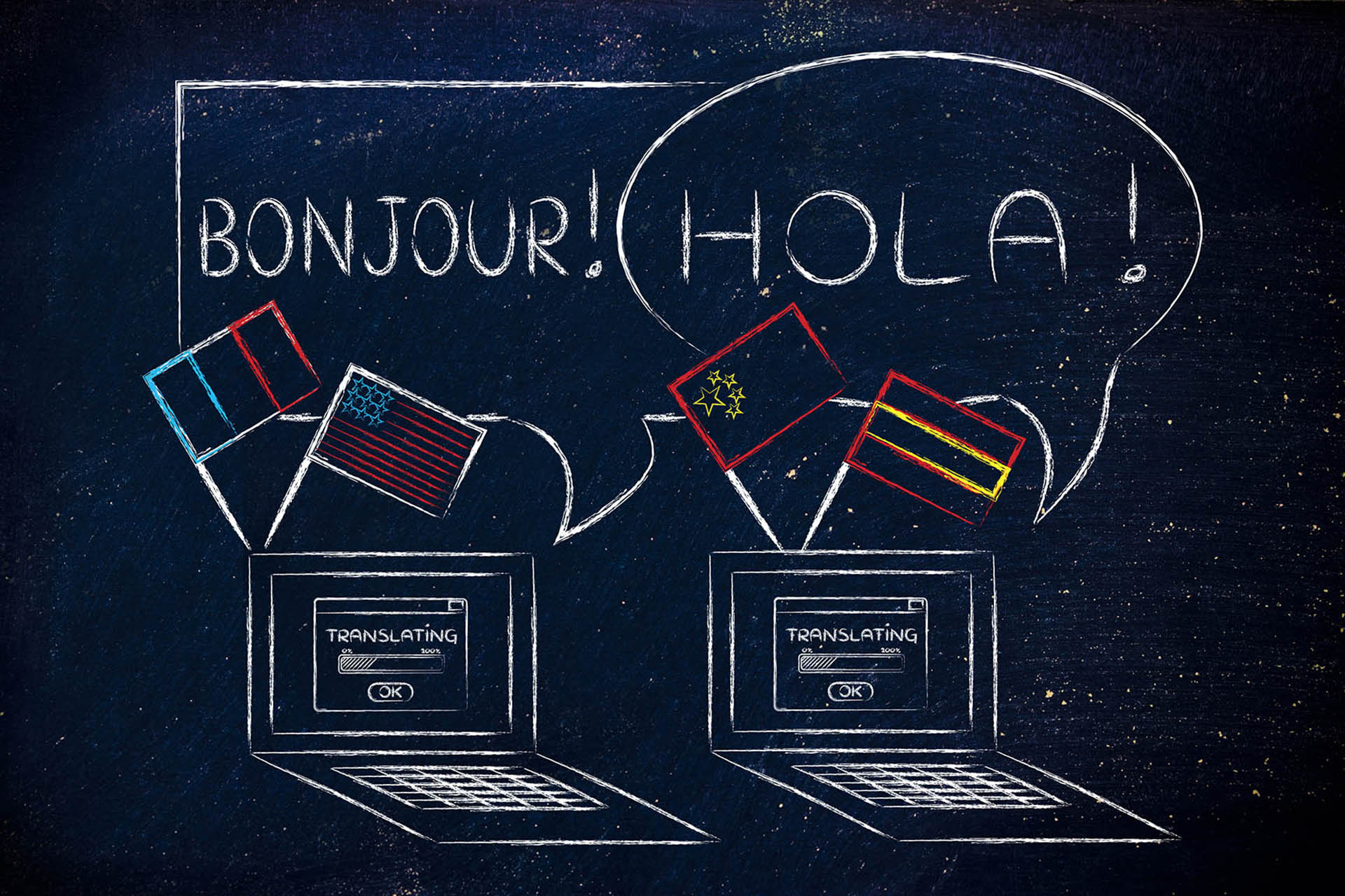learning online and translation services: laptop with flags speaking foreign languages