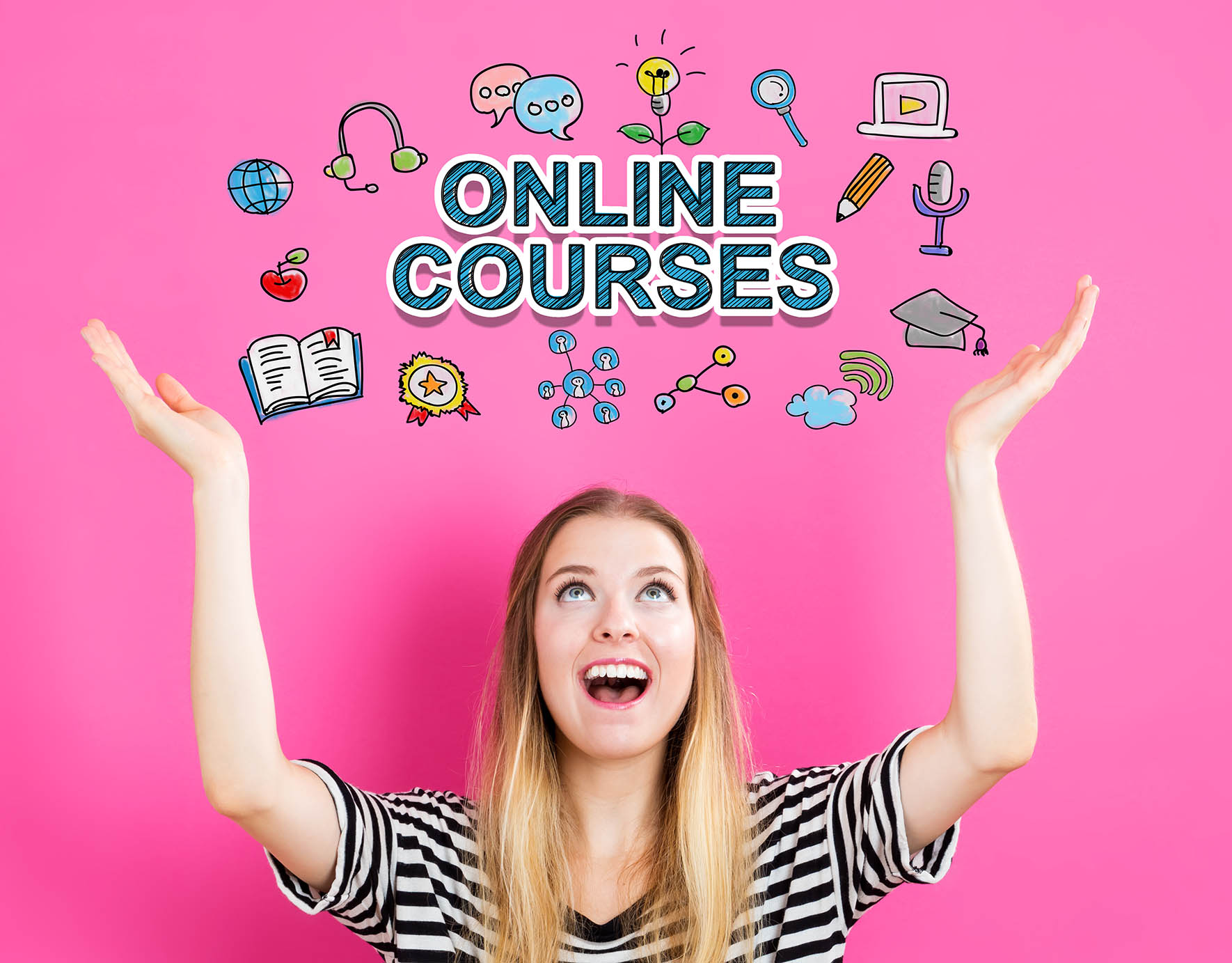Online Courses concept with young woman reaching and looking upwards